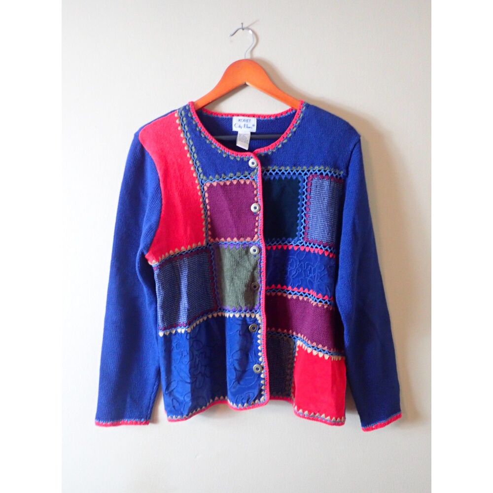 Koret City Blues Patchwork Crochet Cardigan Sweater Vintage Quilt Medium
